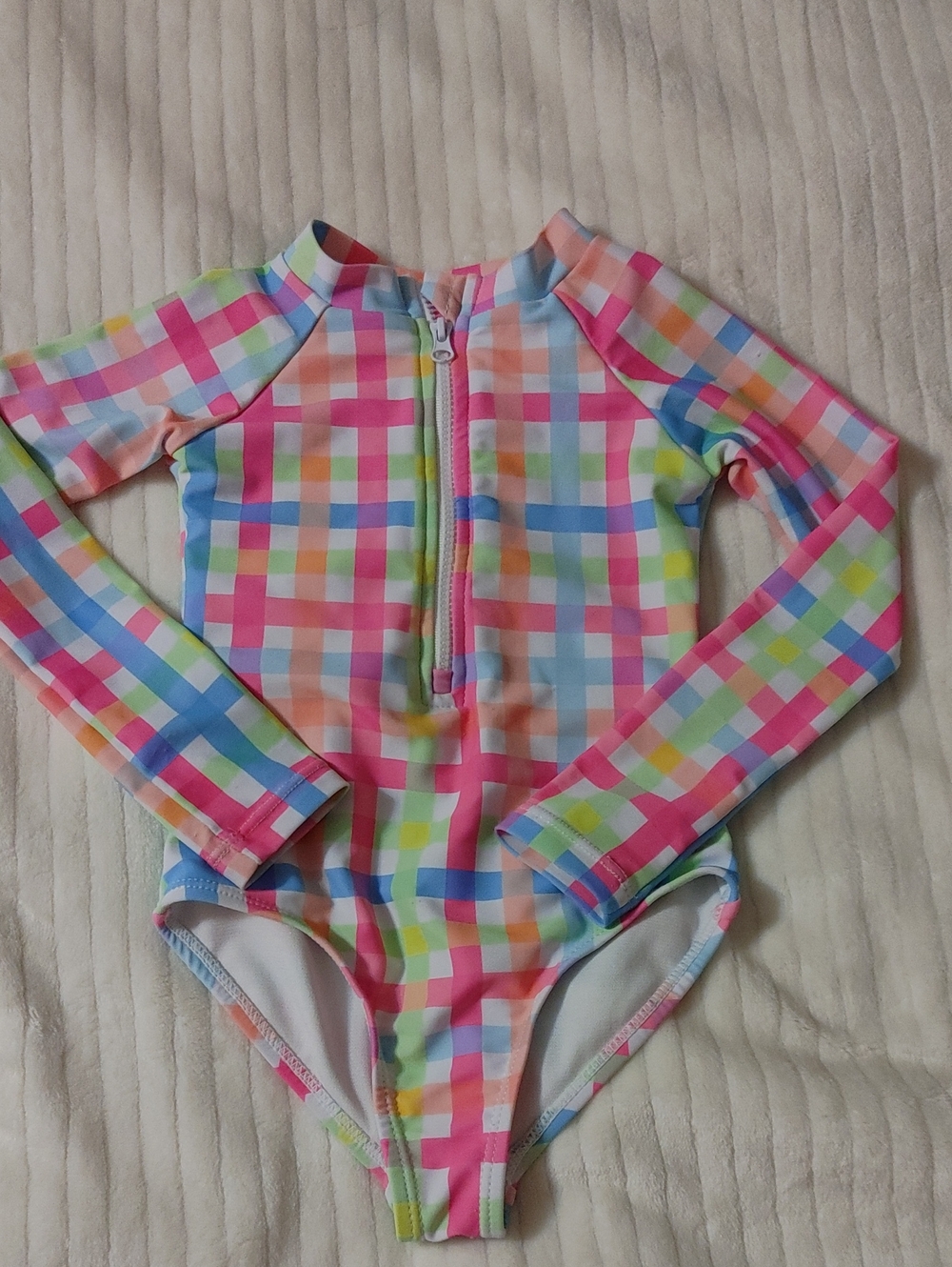 Girls' Long-Sleeve One-Piece Swim Suit - Pink Multicolor Plaid